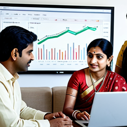 An Indian family is gathered around a laptop at home, discussing investment options. They are dressed in traditional Indian attire. The room is well-lit and comfortable, showcasing a modern Indian household. There are financial charts displayed on the laptop screen.