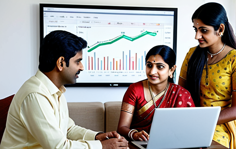 An Indian family is gathered around a laptop at home, discussing investment options. They are dressed in traditional Indian attire. The room is well-lit and comfortable, showcasing a modern Indian household. There are financial charts displayed on the laptop screen.