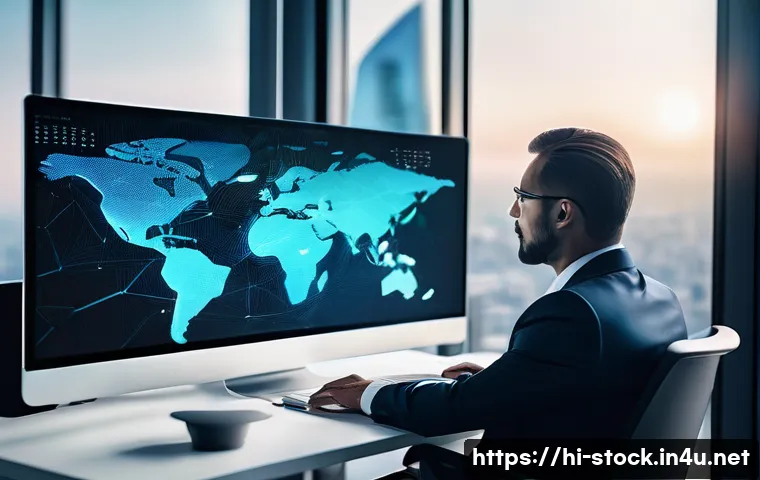 증권투자상담사로 일하며 알아야 할 법률 - The display shows abstract glowing shields, interconnected nodes, and secure lock icons, symbolizing...