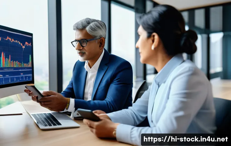 증권투자상담사와 ESG 투자 이해 - A professional Indian financial advisor consulting with a middle-aged Hindi-speaking couple in a mod...