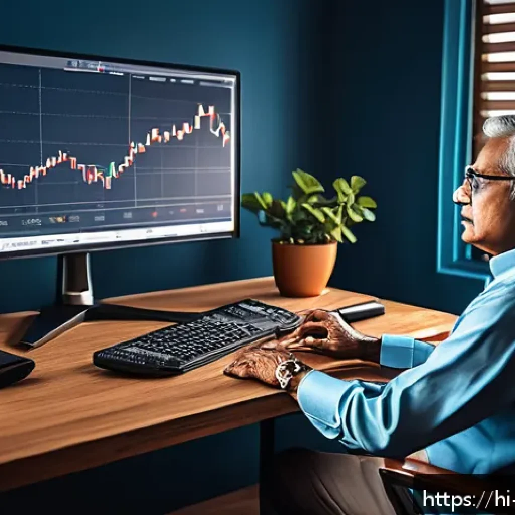 증권투자상담사 선배의 조언 모음 - A detailed digital illustration of an Indian investor sitting at a desk in a modern home office, ana...