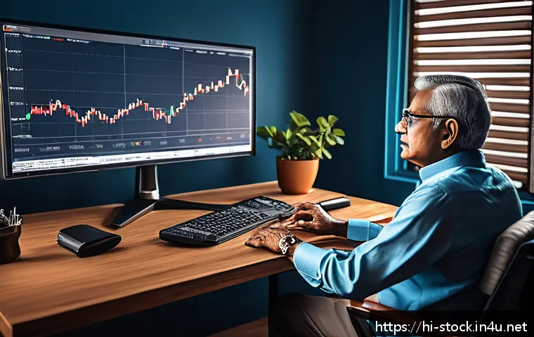 증권투자상담사 선배의 조언 모음 - A detailed digital illustration of an Indian investor sitting at a desk in a modern home office, ana...