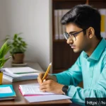 증권투자상담사 자격시험 시간 관리 팁 - A focused Indian student in traditional casual attire sitting at a tidy study desk with neatly organ...