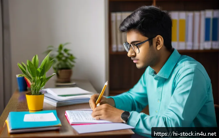 증권투자상담사 자격시험 시간 관리 팁 - A focused Indian student in traditional casual attire sitting at a tidy study desk with neatly organ...