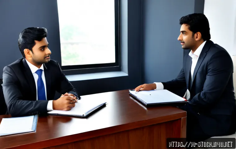 증권투자상담사 면접 질문과 답변 사례 - Photorealistic financial advisor job interview in a modern Mumbai office, confident Indian candidate...